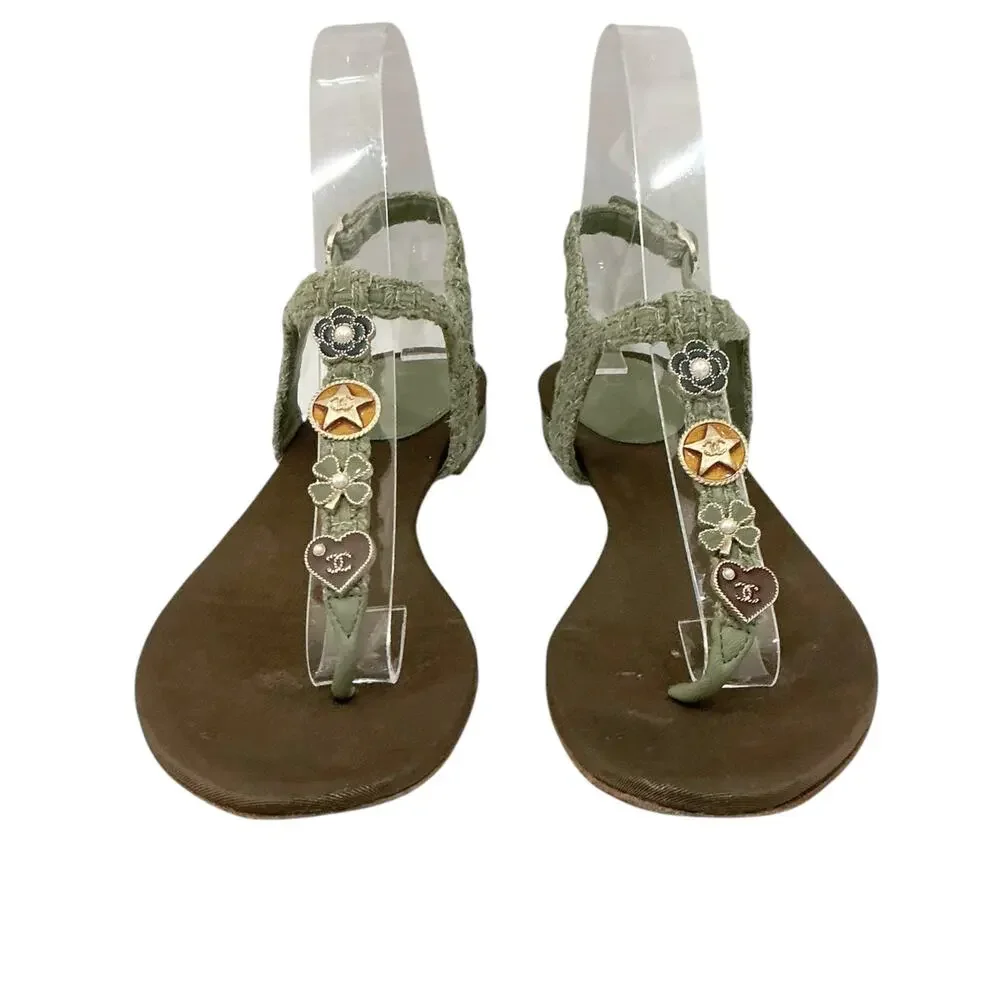 Chanel 17C Tweed Cruise Charm Thong Sandals Khaki EU 37.5 US 7.5